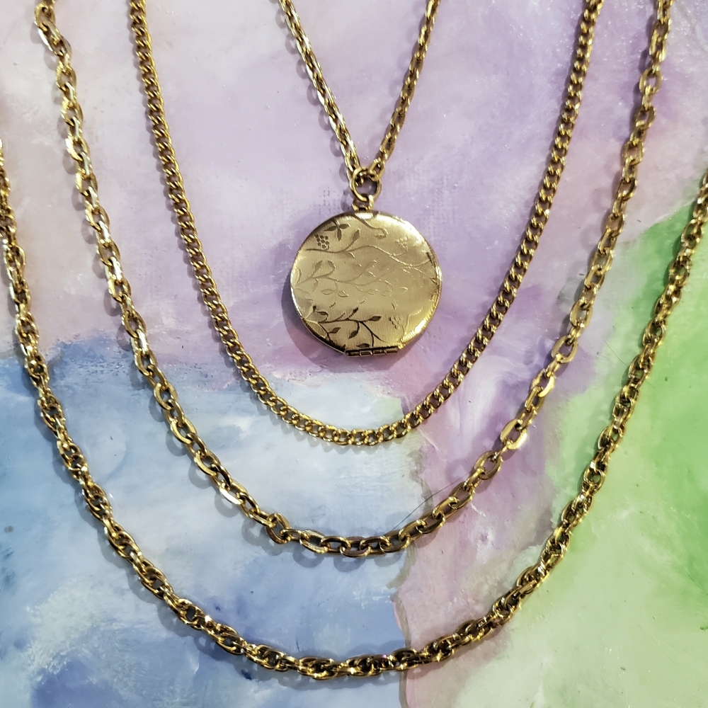 Vintage Locket Layered Necklace Multi Strand Chain Floral Engraved